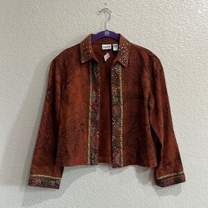 Chico's‎ Rust Open Front Womens Jacket Embroidered Cotton Jacquard Size 0 Small